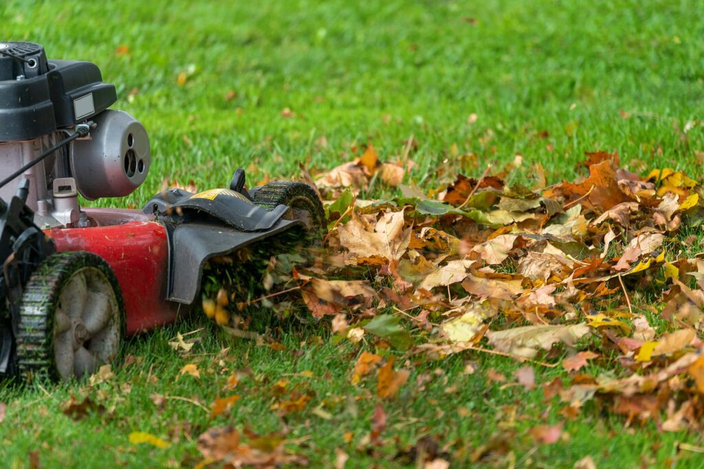 Lawn mower mulching leaves.