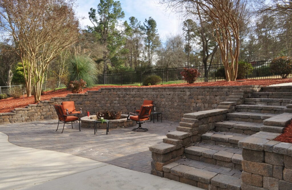 Hardscape services includes retaining wall and patio installations.